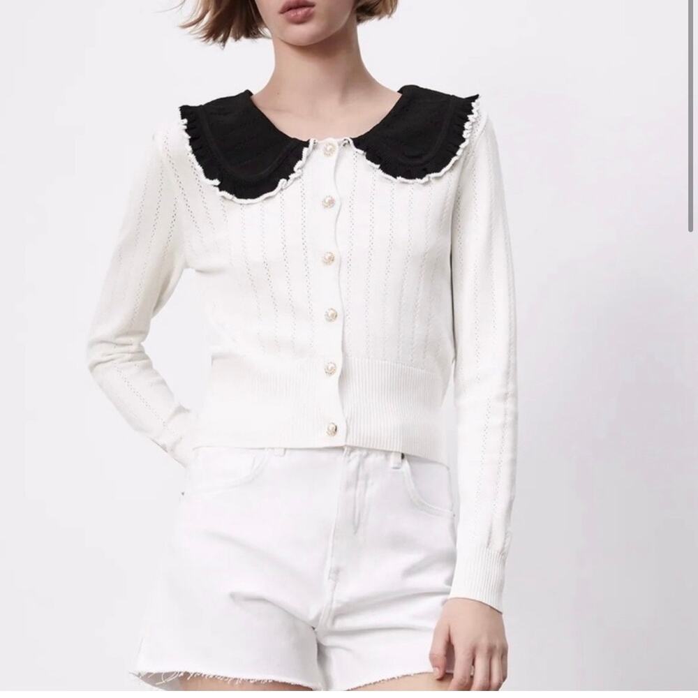 Zara White Knit Cardigan with Black Peter Pan Collar